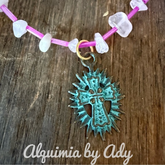 Alquimia by Ady Turquoise Cross Pendant Necklace pink quartz